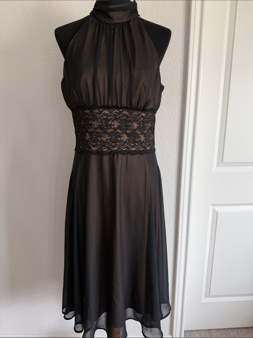 Connected Apparel Black Halter Midi Dress with Lace Waist